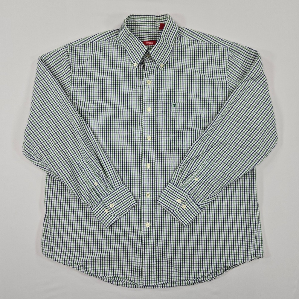 IZOD Men Classic Check Button Down Shirt Large Green Blue Cotton Preppy Casual